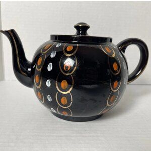 Vintage Ellgreave England Atomic Teapot Black Orange Gold MCM Pottery